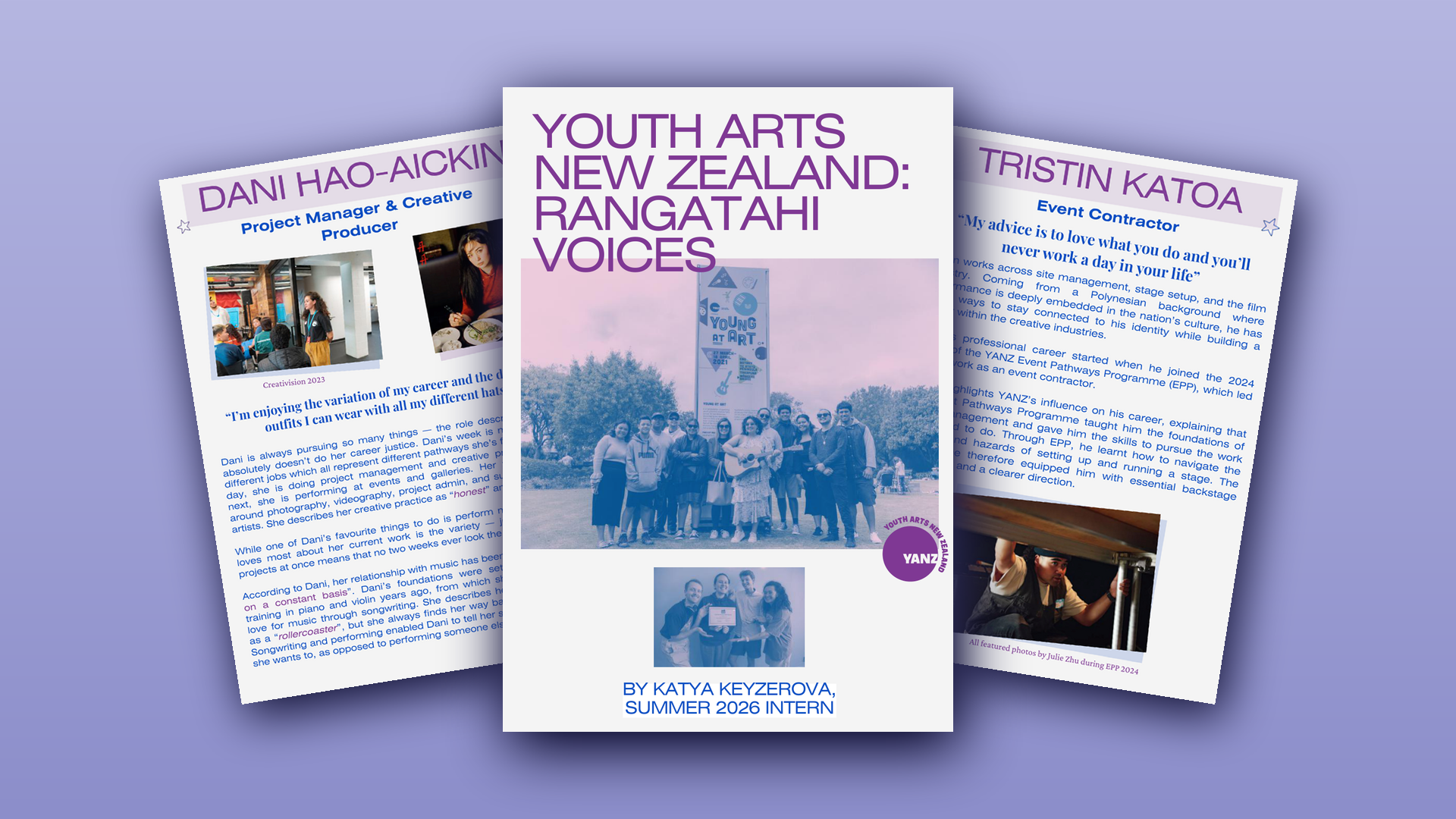 The Rangatahi Voices zine cover, with two profile spreads fanned out behind it
